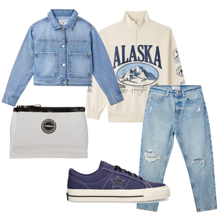 Outfit donna - Alaska. Stile Casual per Tutti i giorni. Abbinamento con jeans mom, cappotti, felpe, valigie, sneakers.