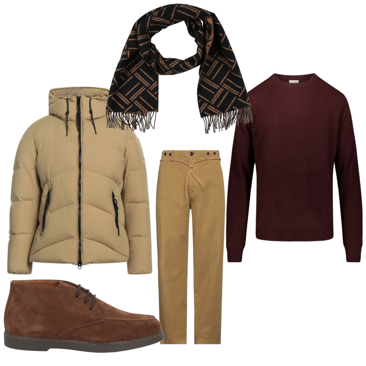 Outfit uomo - Fine gennaio. Stile Casual per Tutti i giorni. Abbinamento con piumini, stivali e stivaletti, pantaloni chino, sciarpe, maglieria.