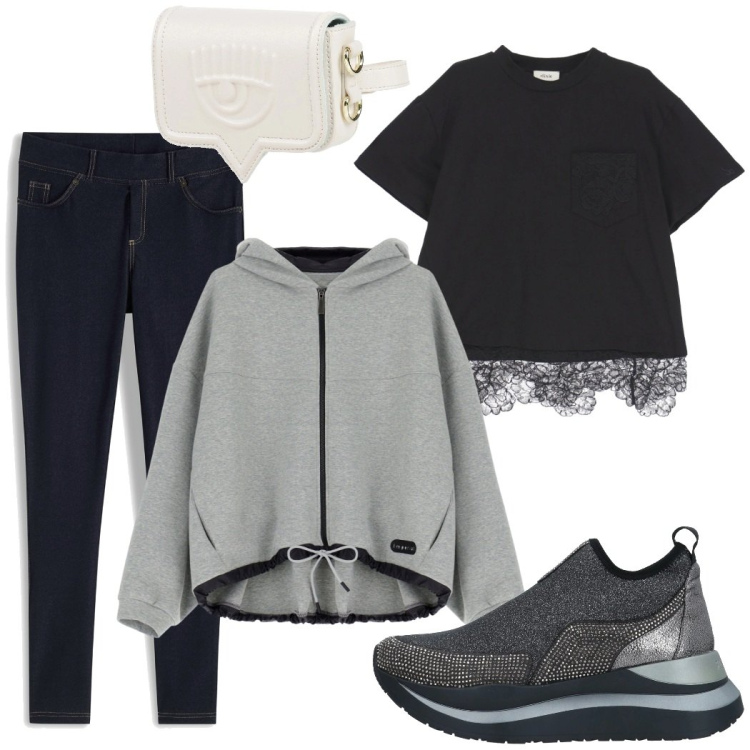 Outfit donna - Tempo libero. Stile Urban per Tutti i giorni. Abbinamento con jeggings, sneakers, marsupi, felpe con cappuccio, t-shirt.