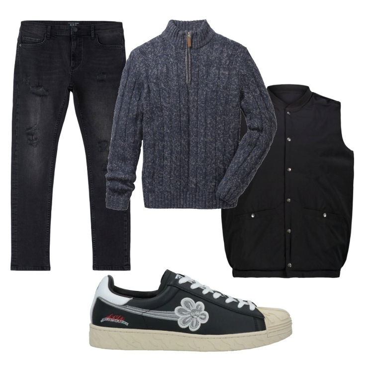 Outfit uomo - Total look #2045532. Stile Casual per Tutti i giorni. Abbinamento con maglieria, sneakers, jeans strappati, gilet.