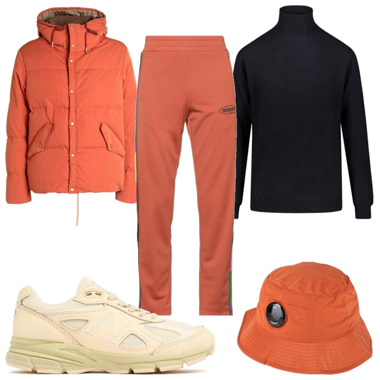 Outfit uomo - Total look #2045543. Stile Trendy per Tutti i giorni. Abbinamento con piumini, pantaloni, cappelli, maglieria, sneakers.