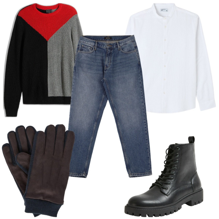 Outfit uomo - Total look #2045545. Stile Trendy per Tutti i giorni. Abbinamento con maglieria, camicie, anfibi, jeans, guanti.