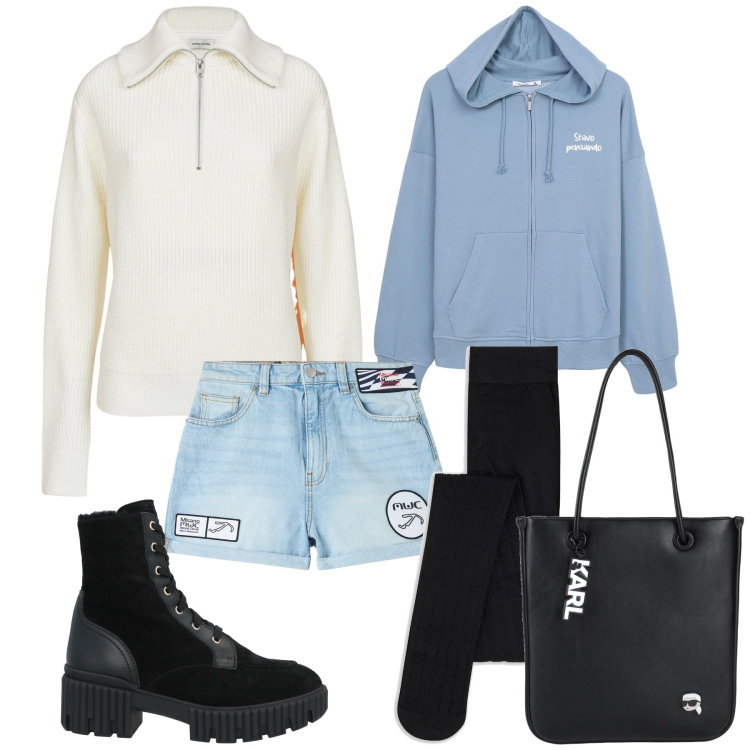 Outfit donna - Salto al bar per colazione del sabato. Stile Casual per Tutti i giorni. Abbinamento con collant, borse a spalla, stivaletti, shorts, felpe con cappuccio, maglieria.