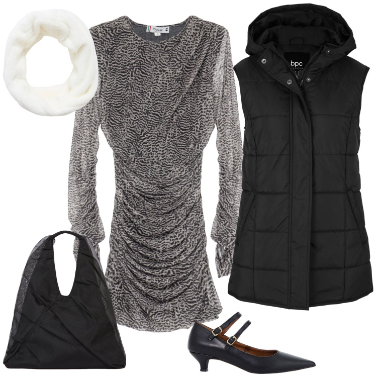 Outfit donna - Lo scalda collo che illumina. Stile Trendy per Serata fuori. Abbinamento con piumini, fasce per capelli, vestiti corti, décolleté, shopping bag.