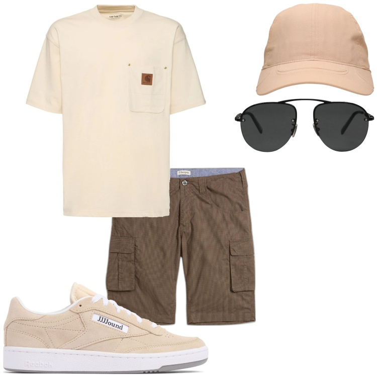 Outfit uomo - In bermuda che bella giornata. Stile Casual per Tutti i giorni. Abbinamento con bermuda, occhiali da sole, cappelli, t-shirt, sneakers.