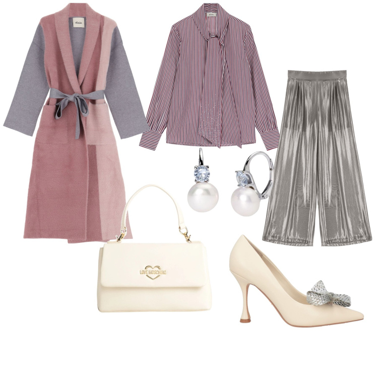 Outfit donna - Cena fuori. Stile Casual chic per Serata fuori. Abbinamento con décolleté, borse a mano, orecchini, camicie, pantaloni a palazzo, cappotti.
