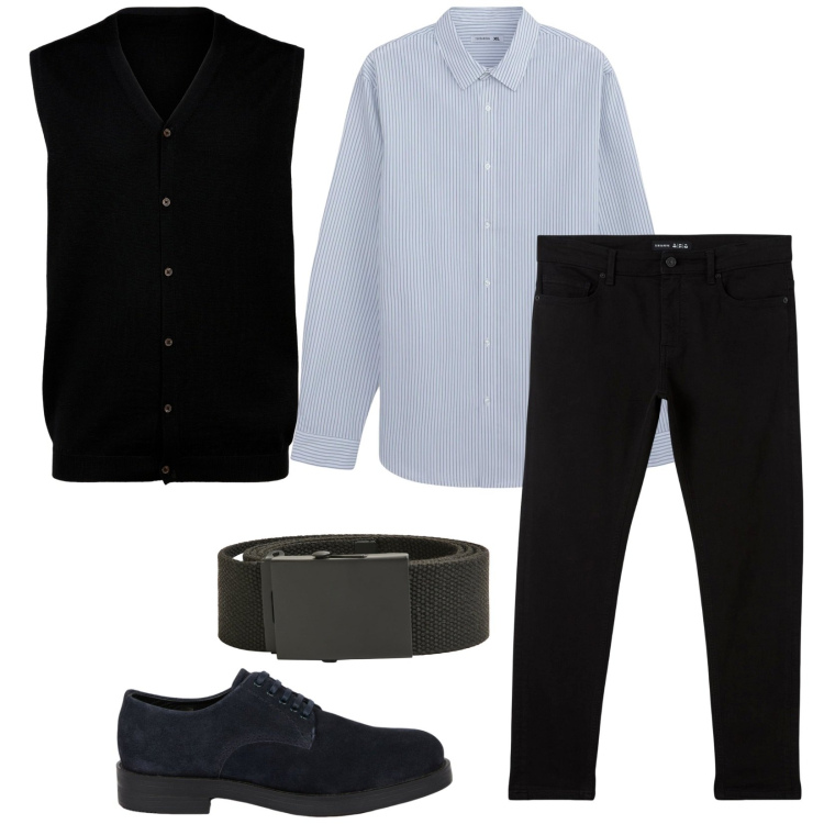 Outfit uomo - Con il gilet in ufficio. Stile Casual per Ufficio. Abbinamento con camicie, pantaloni skinny, cinture, gilet, scarpe stringate.