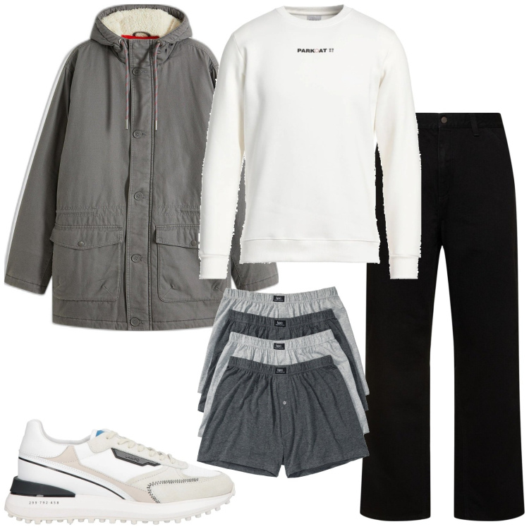Outfit uomo - Il parka grigio. Stile Casual per Tutti i giorni. Abbinamento con boxer, parka, felpe, sneakers, jeans.