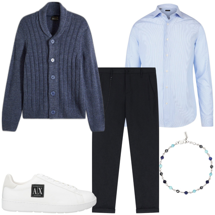 Outfit uomo - Classico con cardigan e camicia. Stile Casual per Tutti i giorni. Abbinamento con cardigans, sneakers, braccialetti, pantaloni, camicie.