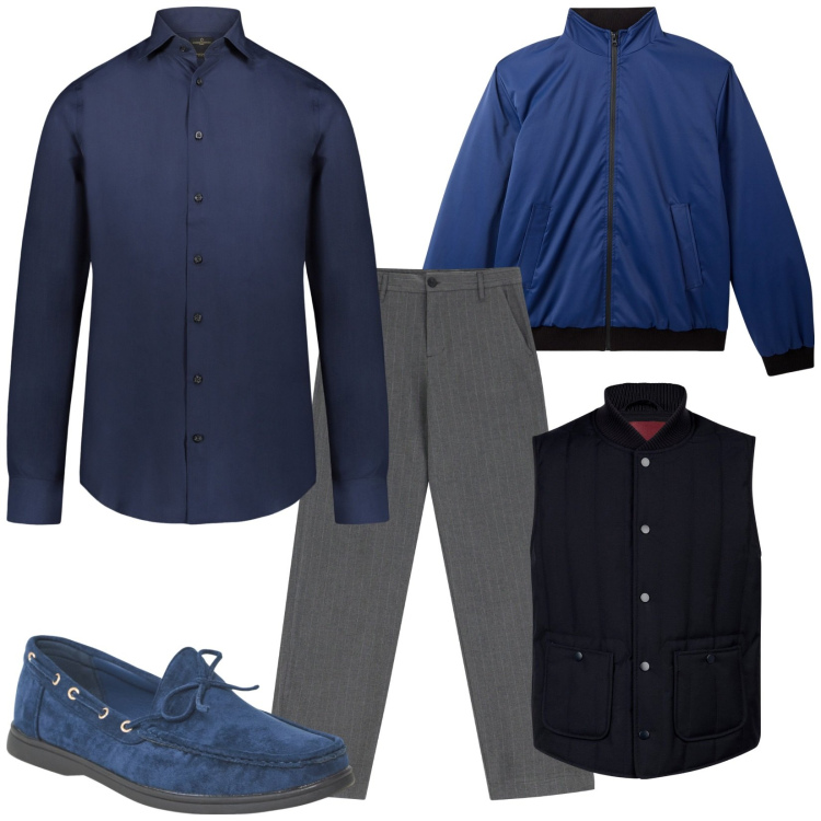 Outfit uomo - Casual chic a lavoro. Stile Casual per Ufficio. Abbinamento con scarpe stringate, giacche, pantaloni, piumini, camicie.