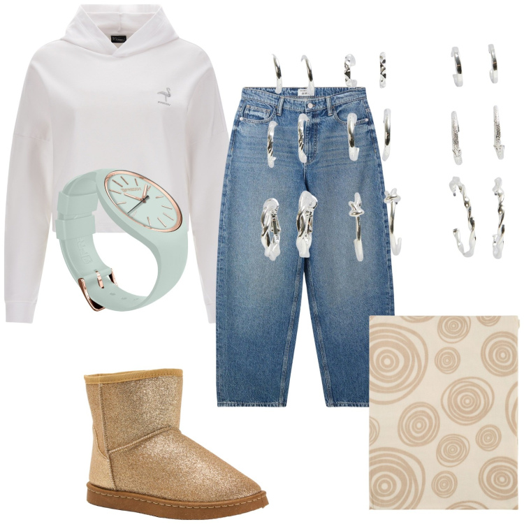 Outfit donna - Anni \'90. Stile Urban per Tutti i giorni. Abbinamento con foulard, felpe con cappuccio, orologi, jeans, stivali, orecchini.