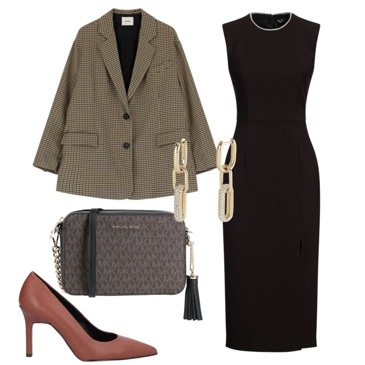 Outfit donna - Serata chic. Stile Chic per Serata fuori. Abbinamento con décolleté, vestiti midi/longuette, borse a tracolla, orecchini, blazer.