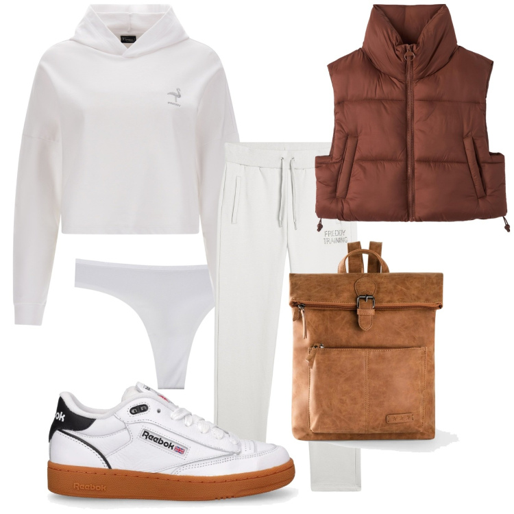 Outfit donna - Passeggiando in relax. Stile Casual per Tutti i giorni. Abbinamento con zaini, piumini, perizomi, felpe con cappuccio, pantaloni, sneakers.