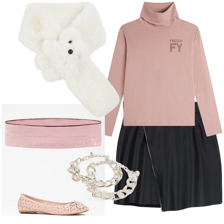 Outfit donna - Pink girl. Stile Preppy per Tutti i giorni. Abbinamento con ballerine, sciarpe, braccialetti, minigonne, marsupi, t-shirt.