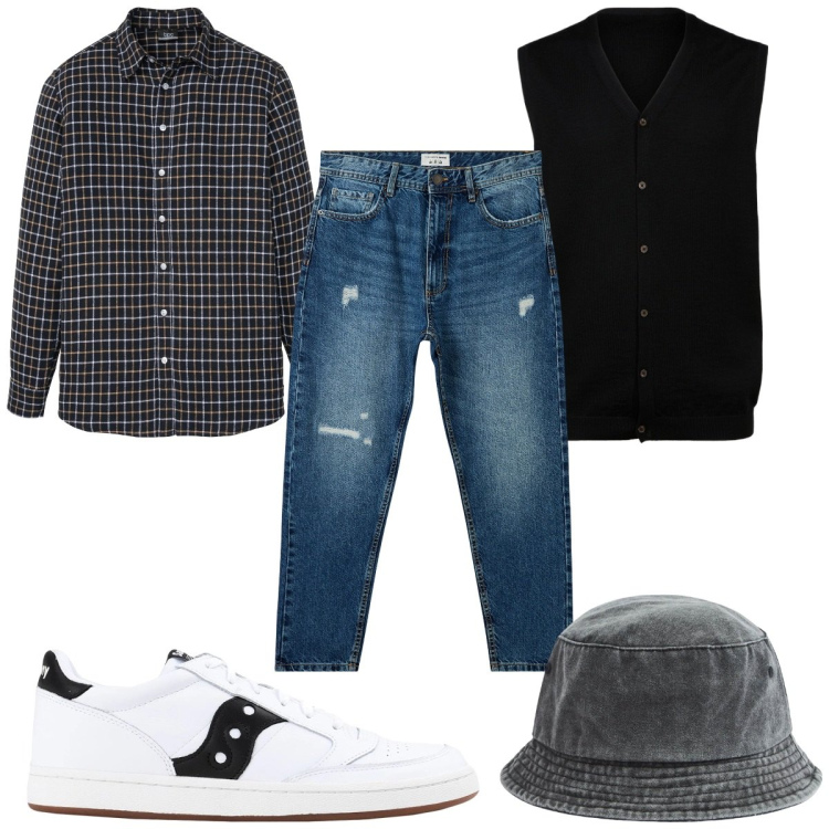 Outfit uomo - Total look #2045651. Stile Casual per Tutti i giorni. Abbinamento con camicie, sneakers, cappelli, jeans strappati, gilet.