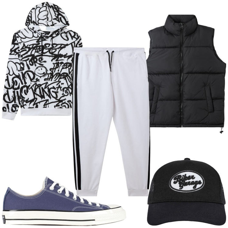 Outfit uomo - Total look #2045652. Stile Urban per Tutti i giorni. Abbinamento con sneakers, cappelli, piumini, felpe con cappuccio, pantaloni.
