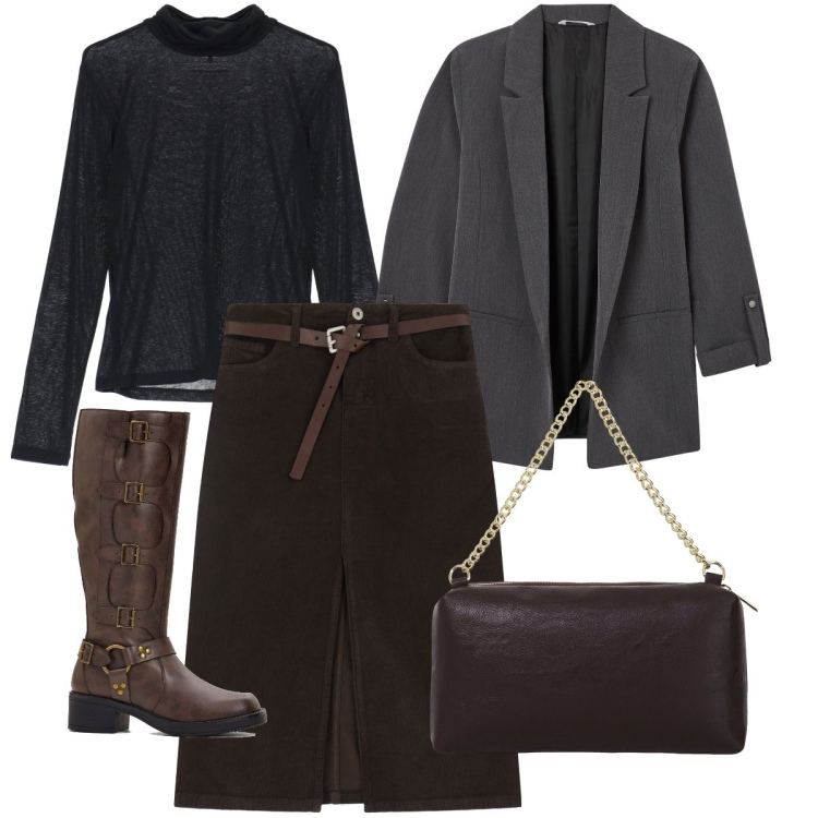 Outfit donna - Color moka. Stile Casual chic per Serata fuori. Abbinamento con stivali, blazer, maglieria, gonne, borse a tracolla.