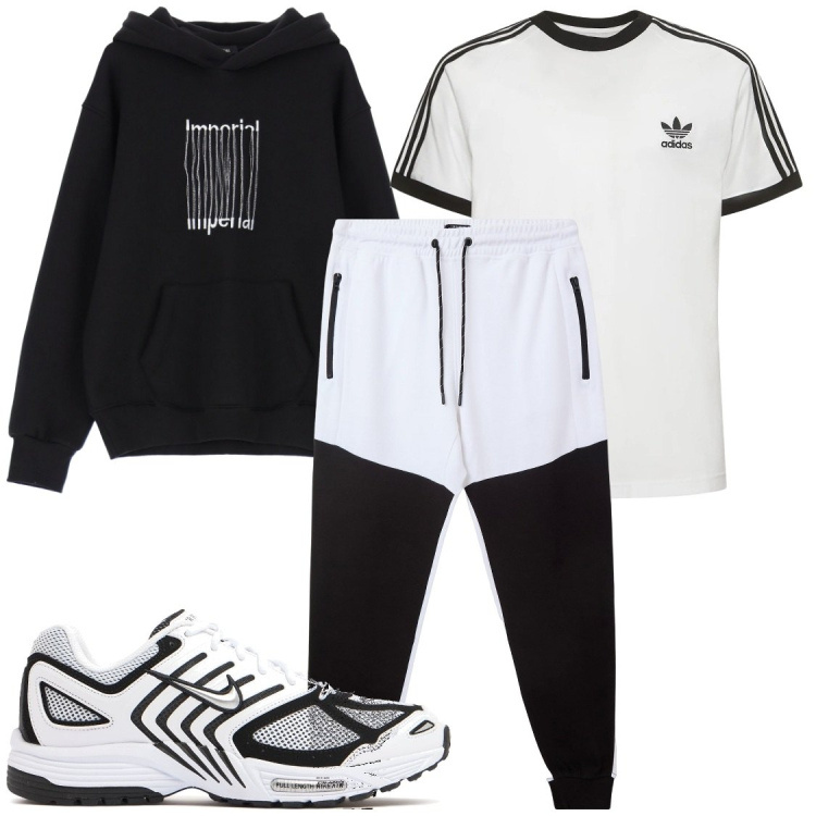 Outfit uomo - In palestra dopo il lavoro. Stile Casual per Sport. Abbinamento con felpe con cappuccio, pantaloni sportivi, sneakers, t-shirt.