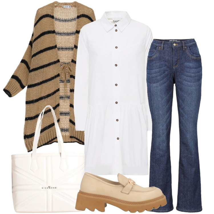Outfit donna - Il camicione bianco. Stile Urban per Tutti i giorni. Abbinamento con jeans bootcut, borse a spalla, mocassini, cardigans, vestiti.