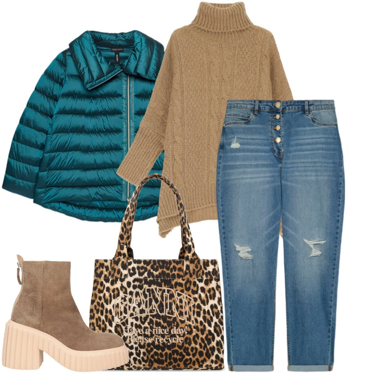 Outfit donna - La shopper leopardata. Stile Urban per Scuola/Università. Abbinamento con stivaletti, maglieria, jeans strappati, piumini, shopping bag.