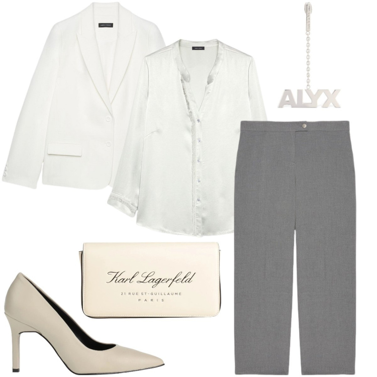 Outfit donna - Il blazer bianco. Stile Bon Ton per Cerimonia. Abbinamento con décolleté, borse a mano, camicie, blazer, orecchini, pantaloni a palazzo.