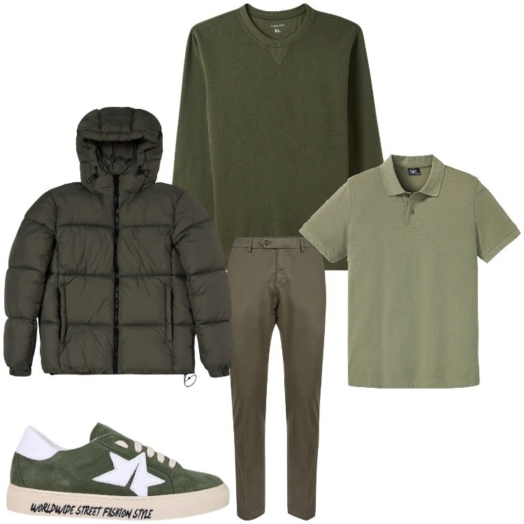 Outfit uomo - Polo e piumino. Stile Casual per Tutti i giorni. Abbinamento con polo, felpe, piumini, sneakers, pantaloni chino.