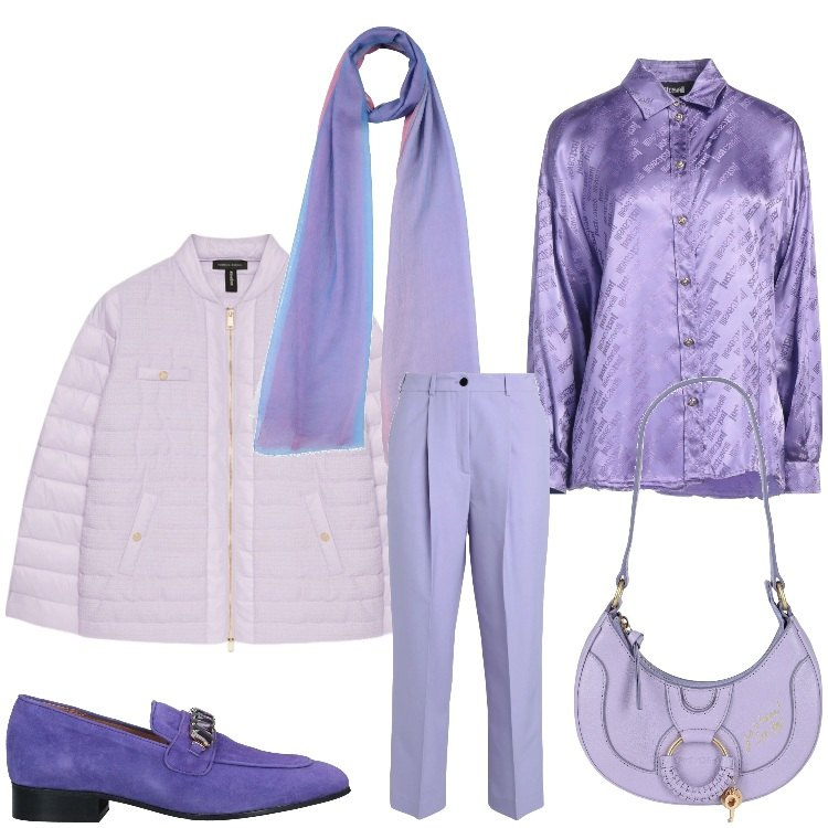 Outfit donna - Una signora in lilla. Stile Casual chic per Ufficio. Abbinamento con mocassini, camicie, pantaloni, borse a spalla, sciarpe, piumini.