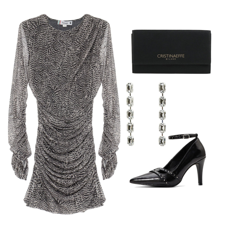 Outfit donna - Vestito a fantasia. Stile Glamour per Serata fuori. Abbinamento con décolleté, borse a mano, orecchini, vestiti corti.