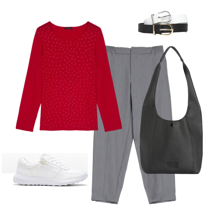 Outfit donna - Casual per tutti i giorni. Stile Casual per Tutti i giorni. Abbinamento con sneakers, cinture, pantaloni, borse a spalla, maglieria.