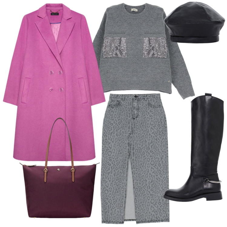 Outfit donna - Gonna lunga in grigio scuro animali. Stile Casual chic per Tutti i giorni. Abbinamento con stivali, pullovers, gonne lunghe, cappelli e berretti, borse tote, cappotti.
