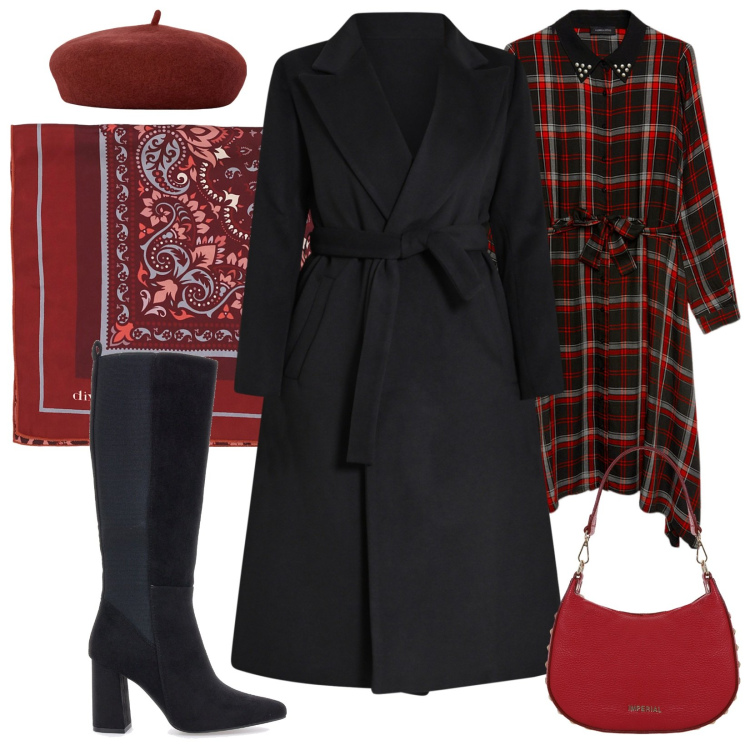 Outfit donna - Total look #2045711. Stile Romantica per Tutti i giorni. Abbinamento con cappotti, borse a spalla, foulard, stivali, cappelli e berretti, vestiti asimmetrici.