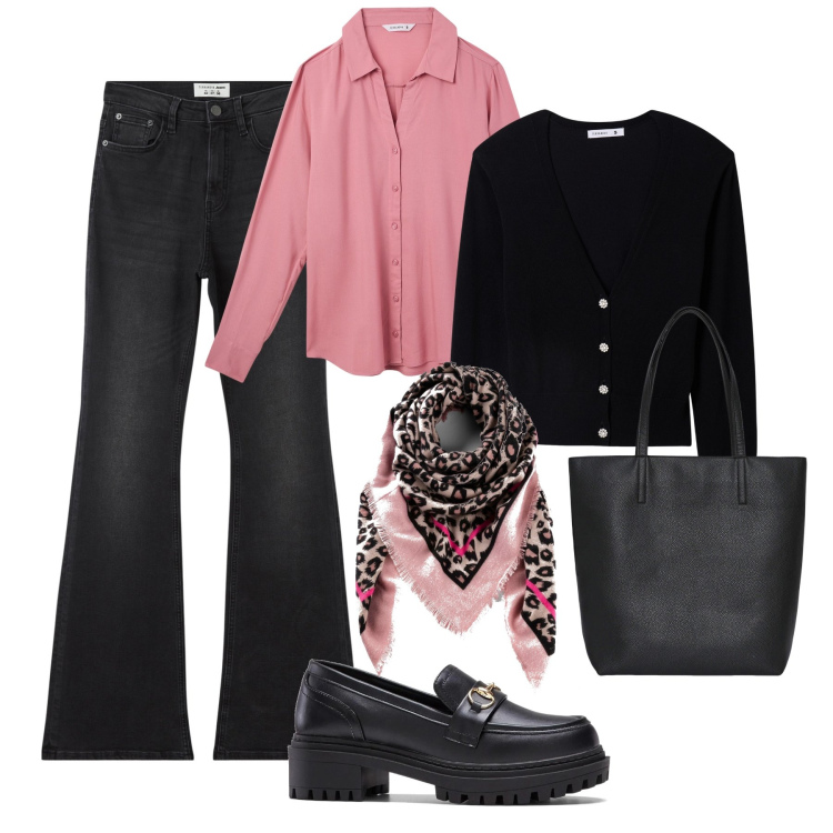 Outfit donna - Basic con bottoni gioiello sul cardigan. Stile Basic per Tutti i giorni. Abbinamento con mocassini, foulard, borse tote, jeans a zampa, camicie, cardigans.