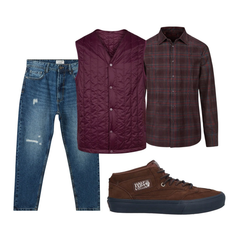 Outfit uomo - Total look #2045721. Stile Casual per Tutti i giorni. Abbinamento con sneakers alte, jeans strappati, piumini, camicie.