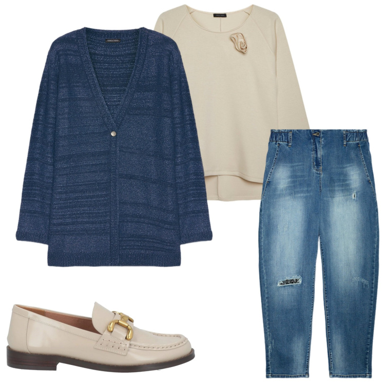 Outfit donna - In ufficio. Stile Casual chic per Ufficio. Abbinamento con mocassini, jeans dritti, cardigans, felpe.