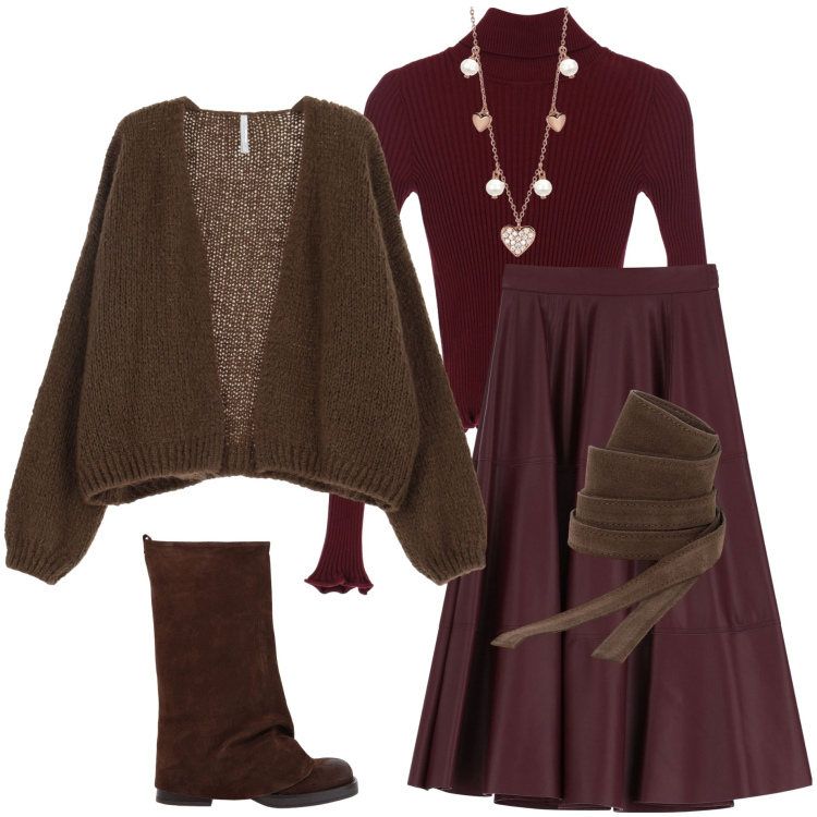 Outfit donna - Gonna ecopelle. Stile Casual chic per Serata fuori. Abbinamento con collane, cardigans, maglieria, cinture, gonne longuette, stivali.