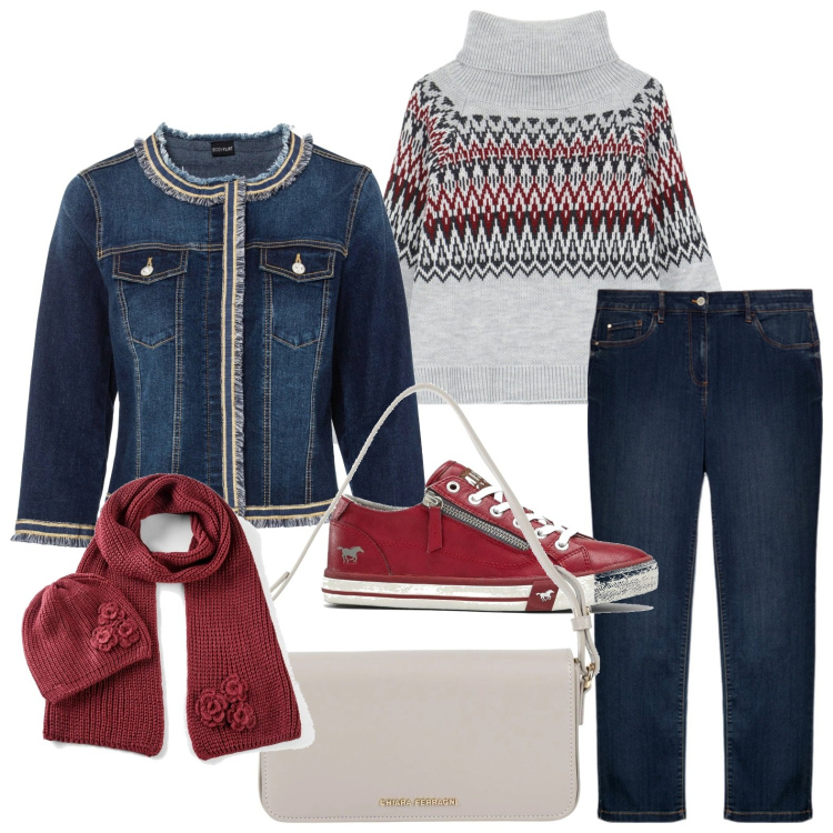Outfit donna - Jeans passepartout. Stile Bon Ton per Tutti i giorni. Abbinamento con blazer, sciarpe, sneakers, borse a mano, maglieria, jeans dritti.
