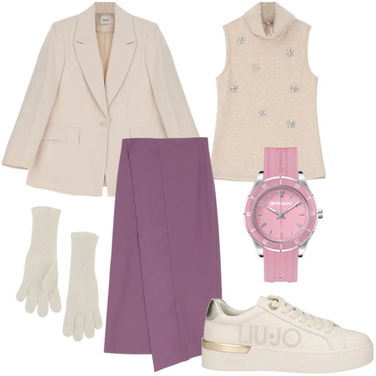Outfit donna - Il fascino della gonna. Stile Glamour per Tutti i giorni. Abbinamento con sneakers, guanti, gonne longuette, maglieria, orologi, pantaloni.