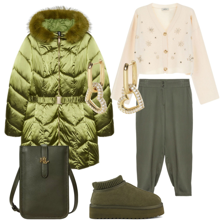 Outfit donna - Curvy in verde. Stile Casual chic per Tutti i giorni. Abbinamento con orecchini, cardigans, borse a tracolla, sabot, piumini, pantaloni.