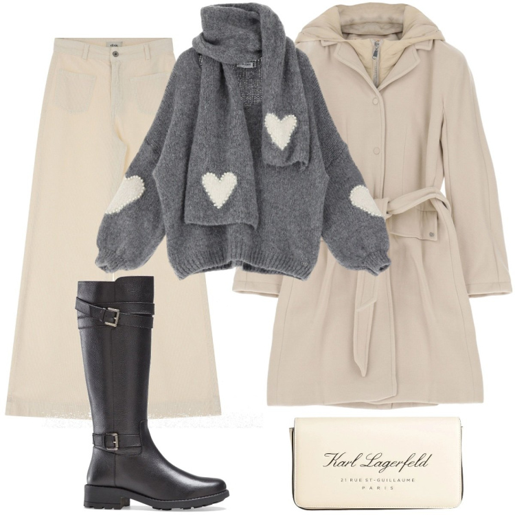 Outfit donna - Amore per l\'inverno. Stile Casual chic per Ufficio. Abbinamento con stivali, borse a mano, cappotti, maglieria, pantaloni a palazzo.