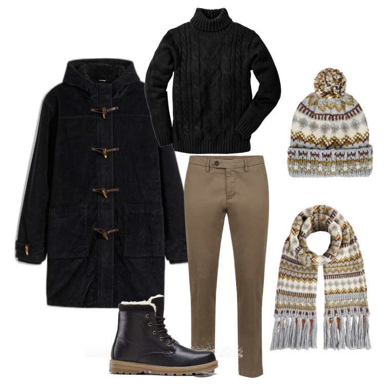Outfit uomo - Neve in città!. Stile Casual per Tutti i giorni. Abbinamento con stivali e stivaletti, maglieria, montgomery, pantaloni chino, berretti, sciarpe.