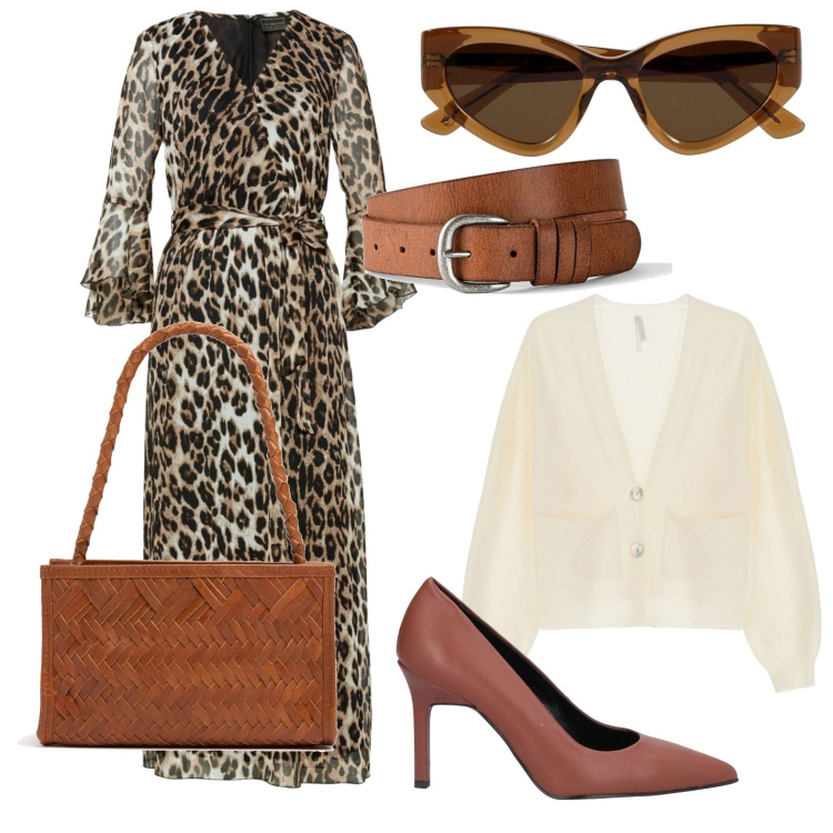 Outfit donna - Animalier night. Stile Glamour per Serata fuori. Abbinamento con vestiti lunghi, cinture, décolleté, cardigans, occhiali da sole, borse a mano.