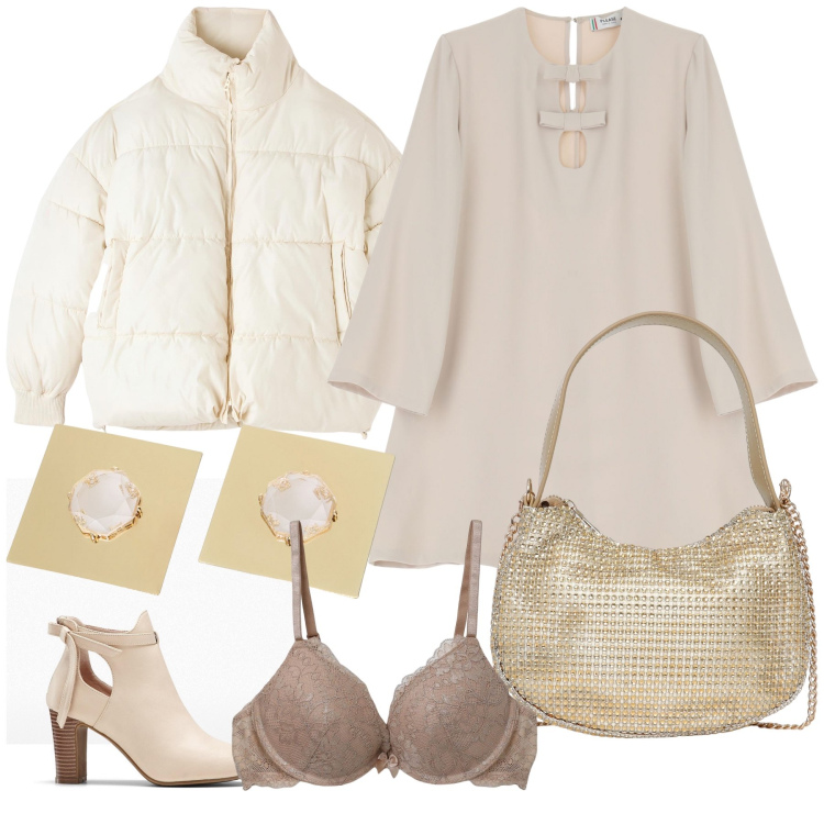 Outfit donna - Total look. Stile Urban per Tutti i giorni. Abbinamento con stivaletti, piumini, borse a spalla, reggiseni push-up, vestiti corti, orecchini.