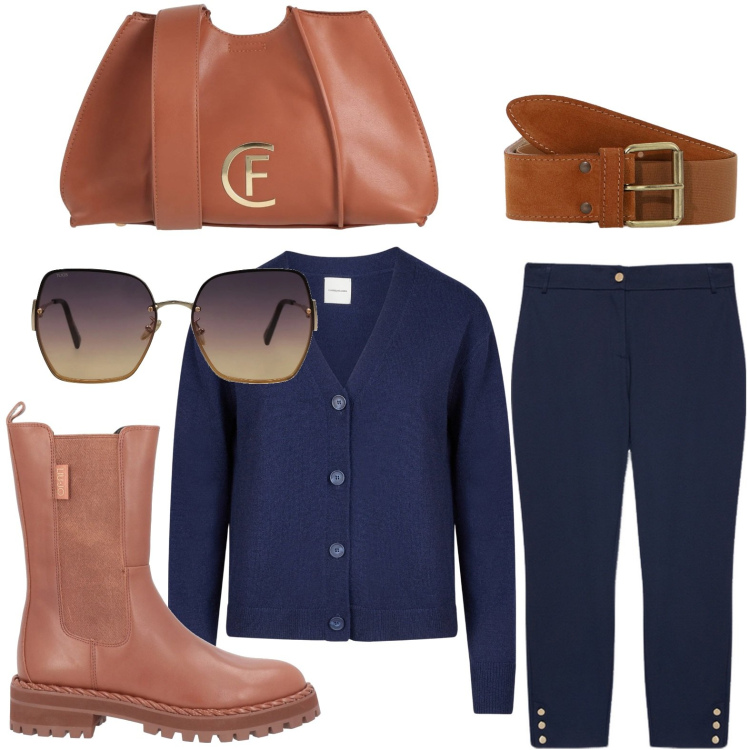 Outfit donna - Stile minimal. Stile Basic per Scuola/Università. Abbinamento con stivaletti, borse a tracolla, occhiali da sole, cinture, cardigans, pantaloni.