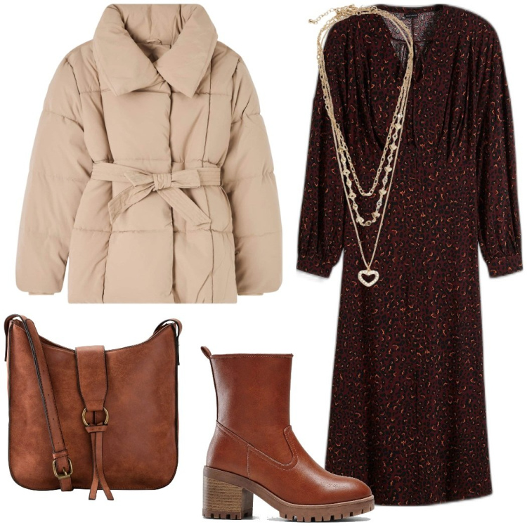 Outfit donna - Stile country chic. Stile Casual chic per Ufficio. Abbinamento con borse a tracolla, stivaletti, vestiti midi/longuette, piumini, collane.