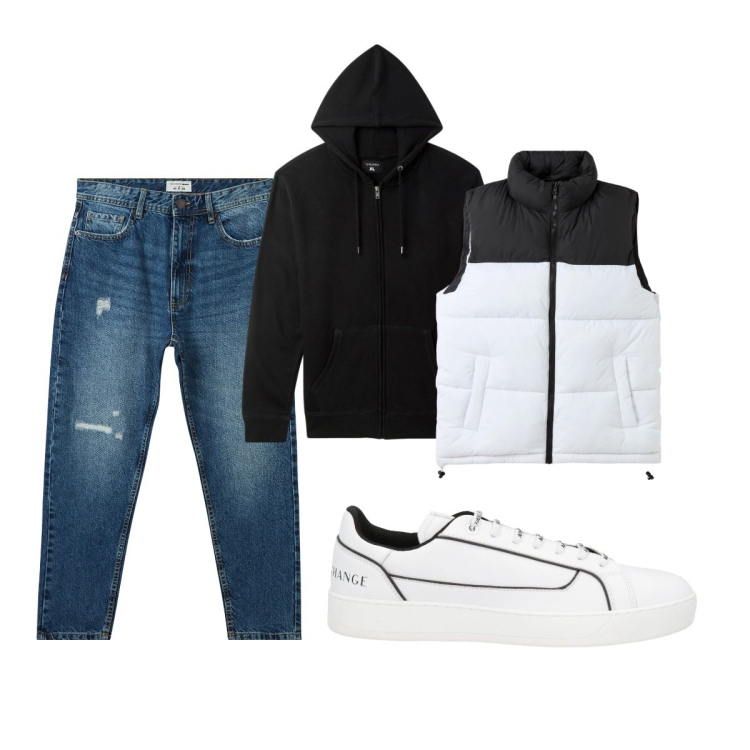 Outfit uomo - Total look #2045816. Stile Casual per Tutti i giorni. Abbinamento con sneakers, felpe con cappuccio, jeans strappati, piumini.