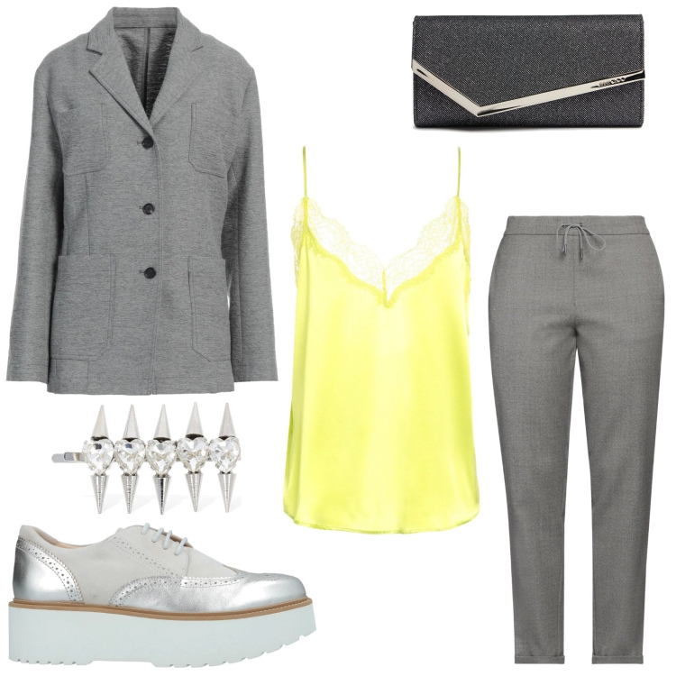 Outfit donna - Top giallo con pizzo. Stile Glamour per Serata fuori. Abbinamento con scarpe stringate, top, pantaloni, blazer, accessori per capelli, pochette.