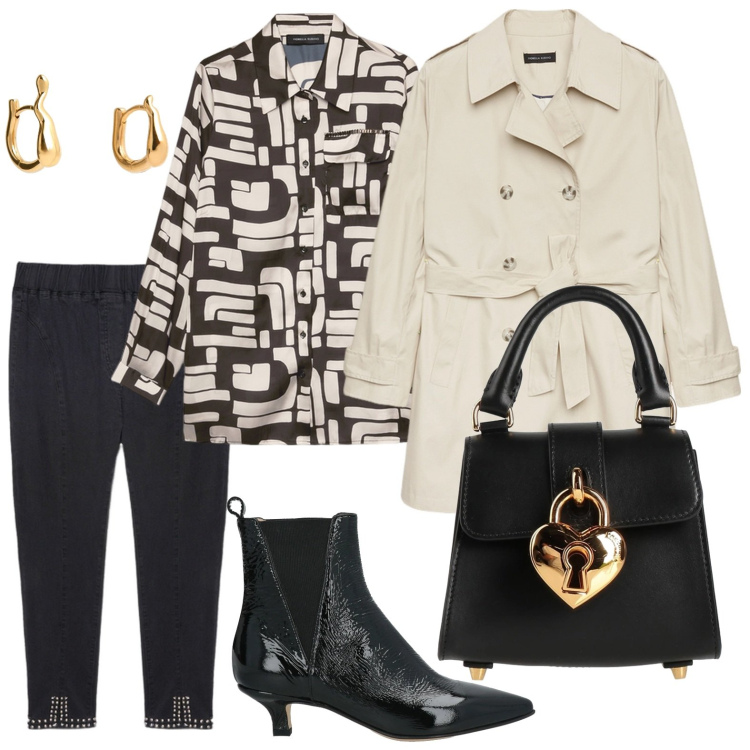 Outfit donna - Blusa optical black. Stile Chic per Ufficio. Abbinamento con stivaletti chelsea, borse a mano, camicie, trench, jeggings, orecchini.