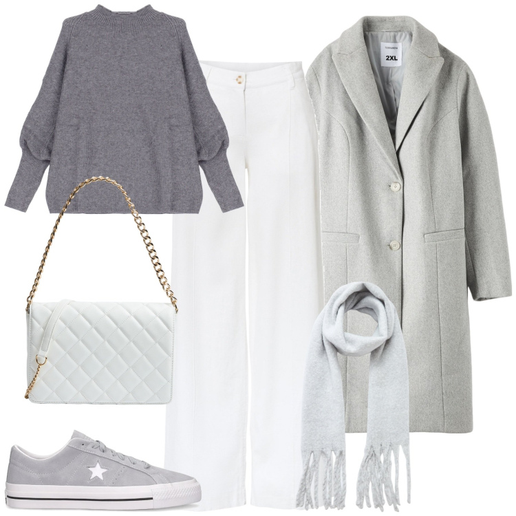 Outfit donna - Bianco e grigio curvy. Stile Chic per Tutti i giorni. Abbinamento con pantaloni a palazzo, cappotti, sciarpe, borse a tracolla, maglieria, sneakers.