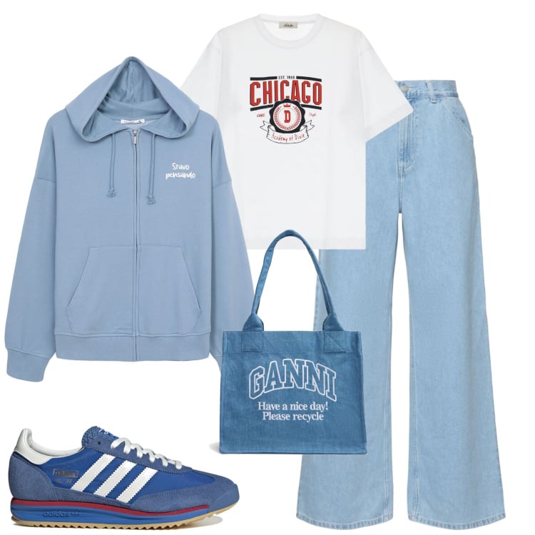 Outfit donna - City. Stile Casual per Tutti i giorni. Abbinamento con felpe con cappuccio, t-shirt, jeans, shopping bag, sneakers.