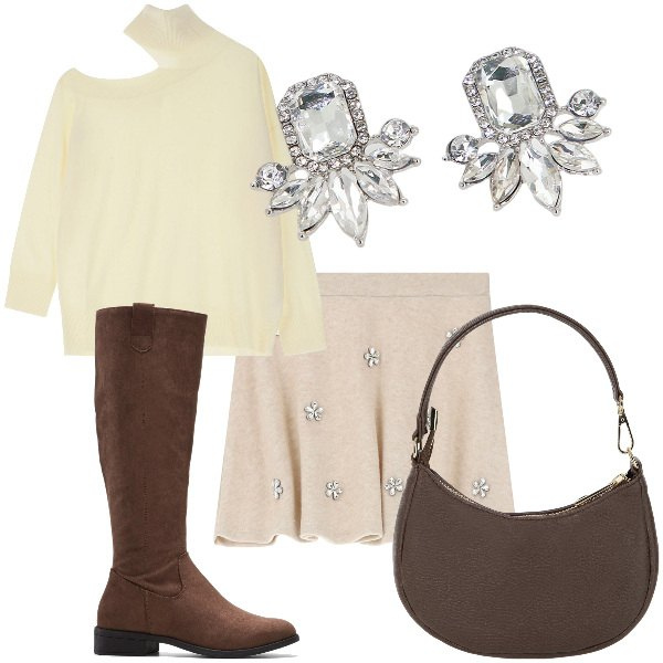 Outfit donna - Total look #2045875. per Tutti i giorni. Abbinamento con stivali, maglieria, minigonne, borse a spalla, orecchini.